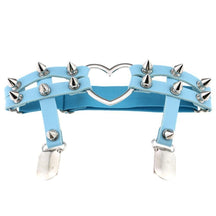 Light blue faux leather spiky heart garter belt with silver spikes and a heart-shaped clasp in front center
