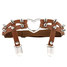 Brown leather spiky heart garter belt with silver metal spikes and heart-shaped buckle perfect for edgy lingerie looks