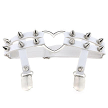 White leather spiky heart garter belt with silver spikes, heart cutout, adjustable straps, and metallic clips
