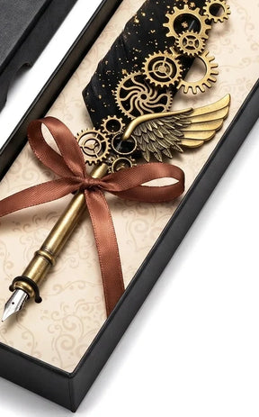 Black steampunk quill detail showing speckled feather, gears, wing and ribbon bow