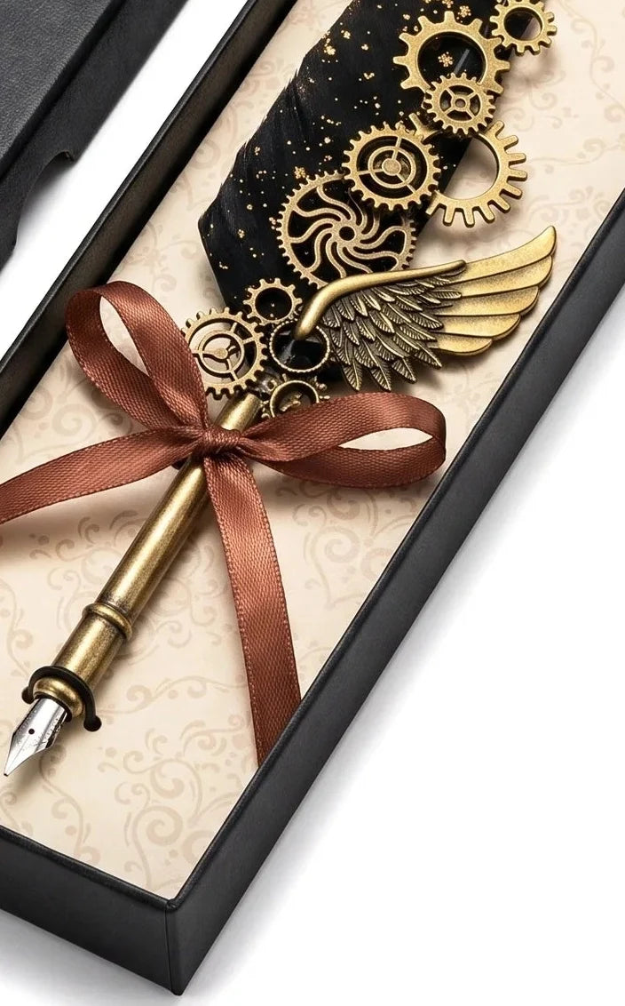 Black steampunk quill detail showing speckled feather, gears, wing and ribbon bow