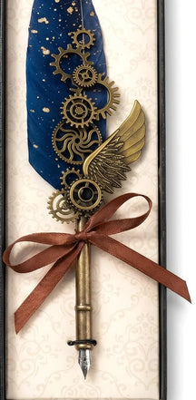 Blue steampunk quill detail showing layered gears, a wing, ribbon bow and writing nib