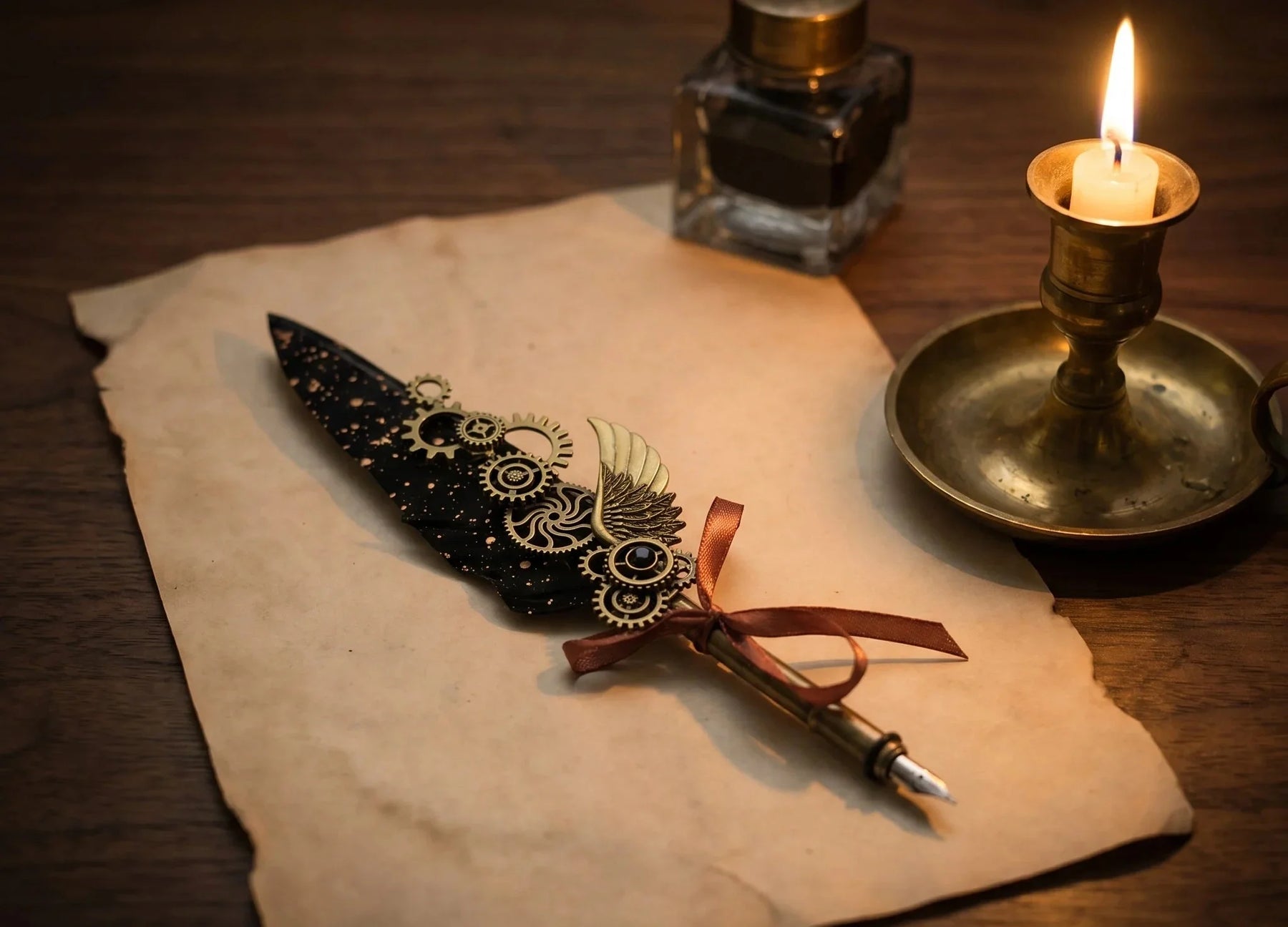 Black gothic quill pen arranged beside a candle and ink bottle on paper