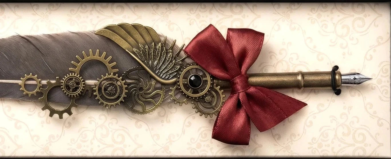 Gray feather dip pen detail with gold-tone gears, wing ornament and red ribbon