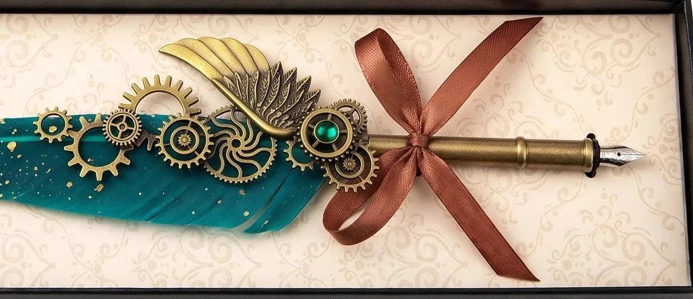 Green feather quill pen close-up with decorative gears, a wing and ribbon bow