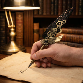 Feather dip pen held for writing, showing the decorated shaft and nib