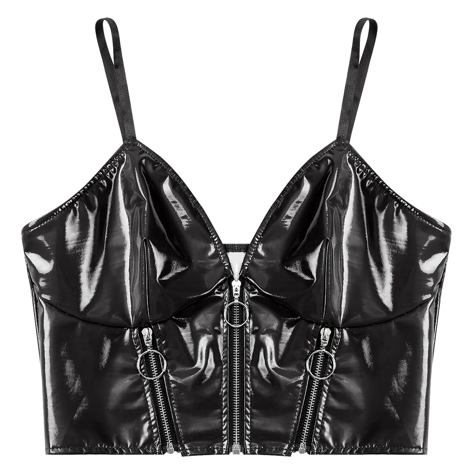 Triple Zip Latex Cami - black latex, crop tops, goth, gothic, plus size