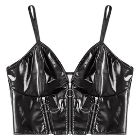 Triple Zip Latex Cami - black latex, crop tops, goth, gothic, plus size