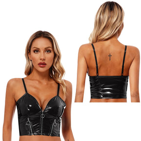 Triple Zip Latex Cami - black latex, crop tops, goth, gothic, plus size