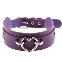 Purple double-layered vegan leather heart collar with silver heart-shaped metal clasp for stylish wear