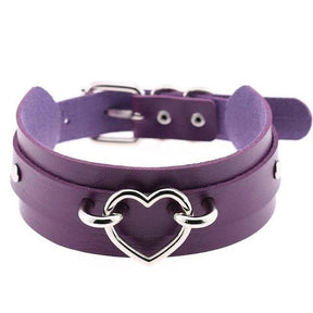 Purple double-layered vegan leather heart collar with silver heart-shaped metal clasp for stylish wear