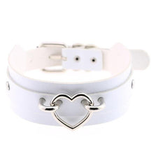 White vegan leather heart collar with a silver heart-shaped metal clasp in vegan leather material