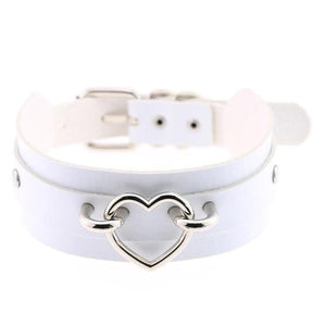 White vegan leather heart collar with a silver heart-shaped metal clasp in vegan leather material