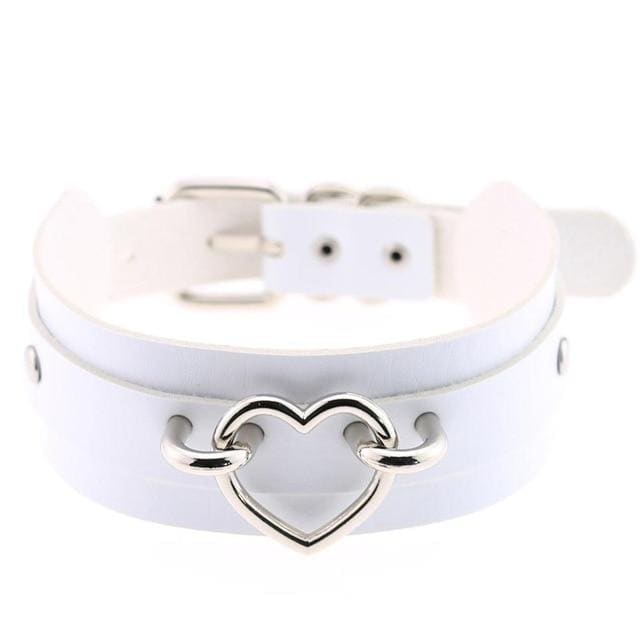 White vegan leather heart collar with a silver heart-shaped metal clasp in vegan leather material