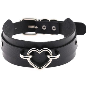 Black vegan leather heart collar with silver heart clasp and matching hardware for a stylish leather heart look