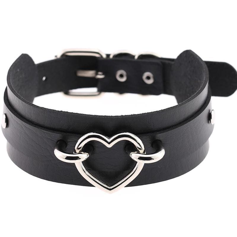 Black vegan leather heart collar with silver heart clasp and matching hardware for a stylish leather heart look
