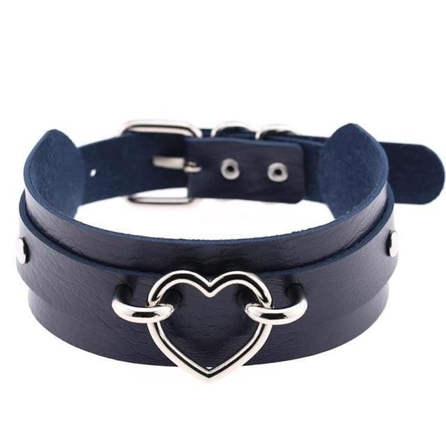 Dark blue vegan leather heart collar with silver heart-shaped buckle perfect for stylish vegan leather lovers