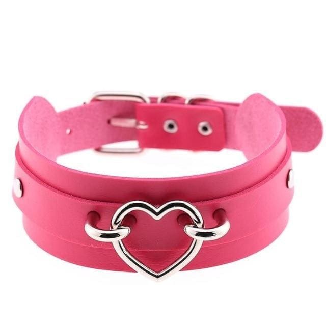 A vibrant pink vegan leather heart choker with double layers and a silver heart buckle with interlocking rings