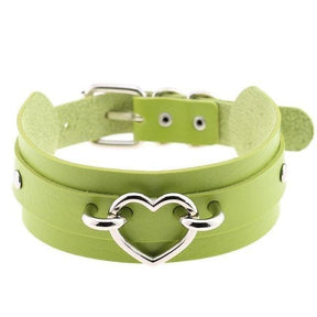 A lime green vegan leather heart double-layered choker with silver heart buckle and metallic studs