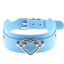 Light blue vegan leather heart collar with a silver heart-shaped metal clasp for stylish vegan leather lovers