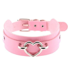 Pink vegan leather heart collar with double layers and a silver heart-shaped metal clasp