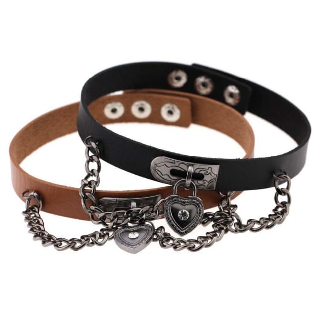 Black and brown leather victorian locket choker necklaces with silver chain links and heart locket charms