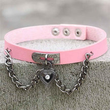 Pink faux leather victorian locket choker with silver heart locket pendant charm and metal clasp