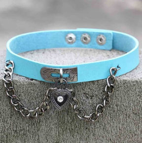 Light blue leather victorian locket choker with silver heart locket pendant and metal clasp