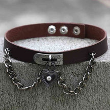 Victorian locket choker in dark brown leather with silver buckle and heart locket pendant featuring a clear gemstone