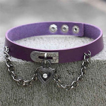 Purple leather victorian locket choker with silver clasp and heart locket pendant for stylish accessory wear