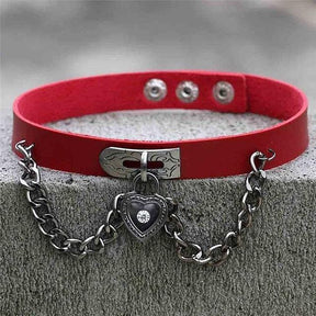 Victorian locket choker in red leather with silver heart locket charm and metal clasp perfect for a stylish look