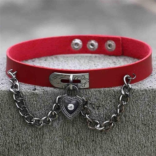 Victorian locket choker in red leather with silver heart locket charm and metal clasp perfect for a stylish look