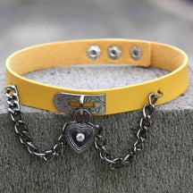 Yellow leather victorian locket choker with silver heart locket and metal clasp perfect for vintage style