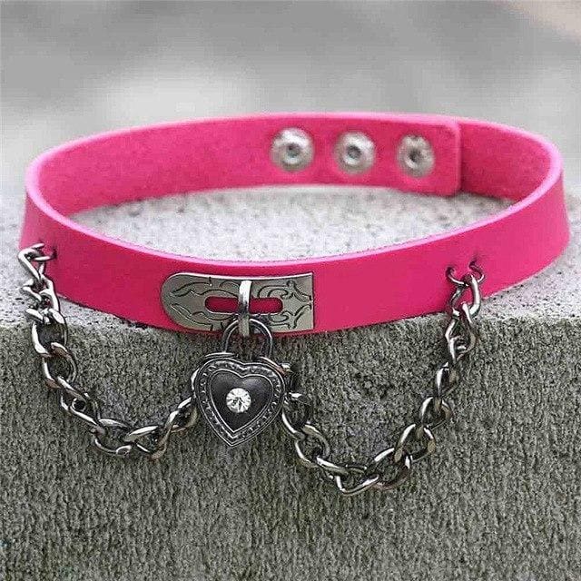 Bright pink faux leather victorian locket choker with silver heart locket charm and adjustable chain closure
