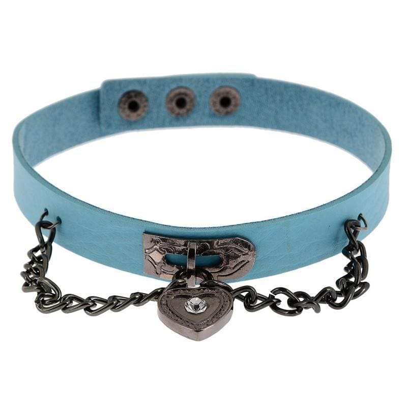 A light blue leather victorian locket choker with a dark metal heart locket pendant and chain