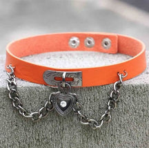 Bright orange leather victorian locket choker with silver heart locket charm and chain accessory