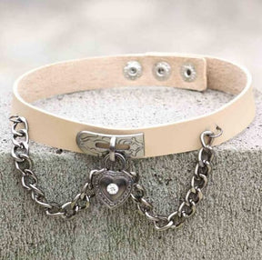 Beige leather victorian locket choker with silver heart locket charm and metal clasp for stylish wear