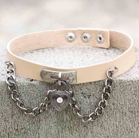 Beige leather victorian locket choker with silver heart locket charm and metal clasp for stylish wear