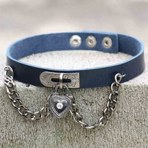 Dark blue leather locket choker with silver heart locket pendant featuring central diamond perfect for victorian style