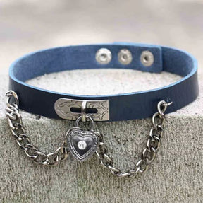 Dark blue leather locket choker with silver heart locket pendant featuring central diamond perfect for victorian style
