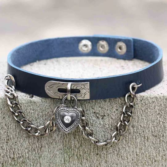 Dark blue leather locket choker with silver heart locket pendant featuring central diamond perfect for victorian style