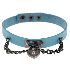 Light blue faux leather locket choker with a dark metallic heart locket pendant and chain victorian style