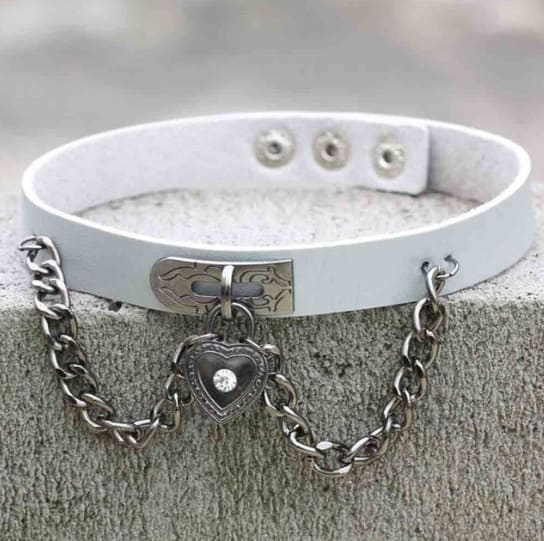 White leather victorian locket choker with silver heart locket pendant and metal clasp perfect for stylish looks