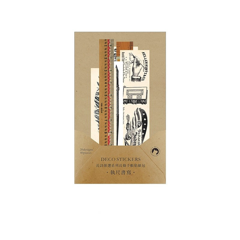 Tan sticker packet with old advertising-style graphics and black illustrations on long pale paper strips.