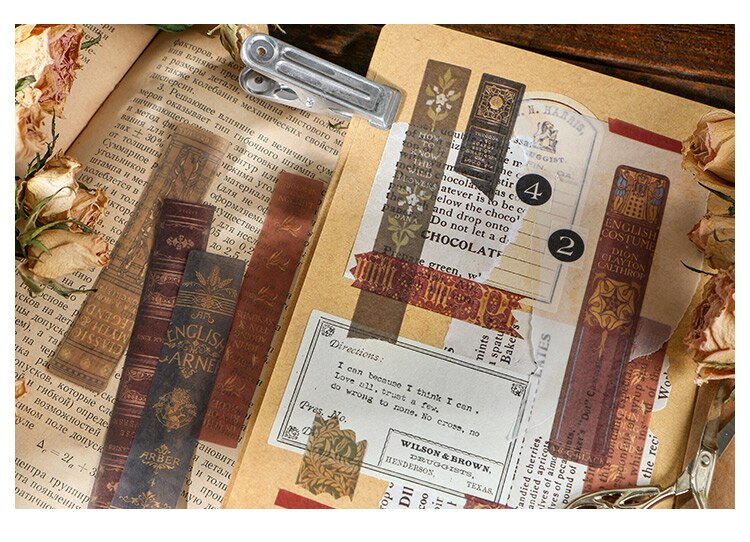 A clipboard collage layers narrow book-spine stickers over old paper text and advertising labels.