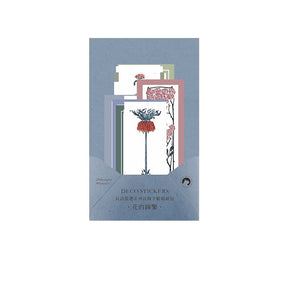Blue-grey sticker packet showing long floral illustrations and bordered botanical strips.