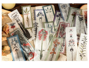 Long botanical stickers show individual flower stems and decorative borders in green, red and blue tones.