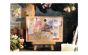 A small display board is covered with overlapping colourful ticket stickers and faded printed paper pieces.
