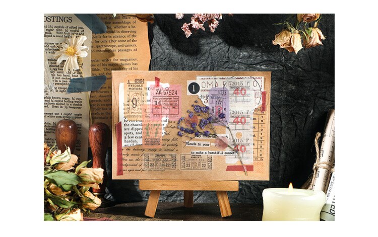 A small display board is covered with overlapping colourful ticket stickers and faded printed paper pieces.