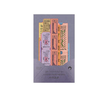 Purple-grey sticker packet filled with long colourful ticket designs in pink, yellow, blue and orange.